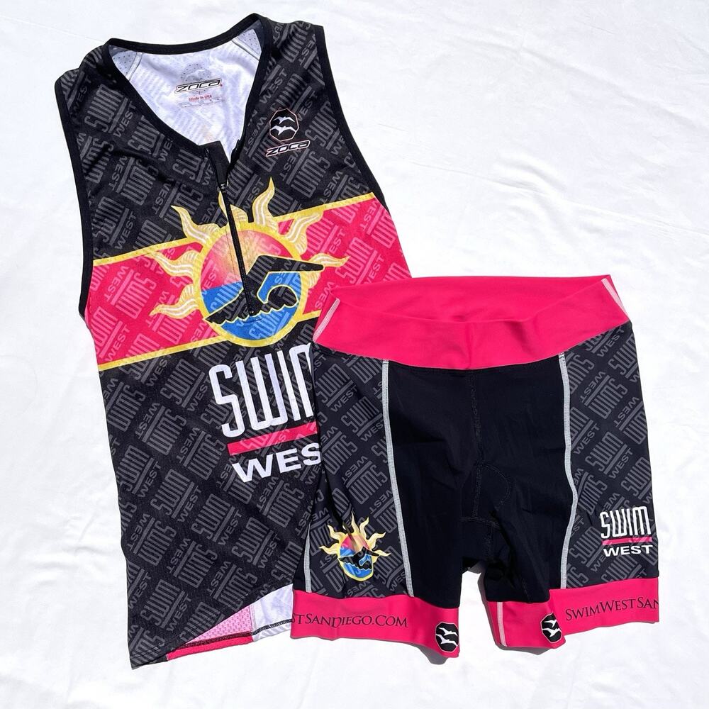 Zoca Swim West Tri Set Womens Large Triathlon Jersey Tank Shorts Pink Black
